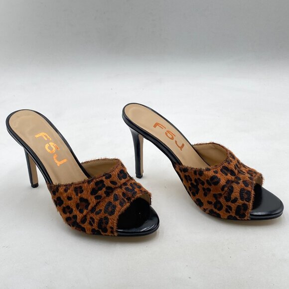 FSJ Black/Brown Leopard Casual Peep Toe Mule Sandals Stiletto High Heels Shoe - Picture 3 of 7